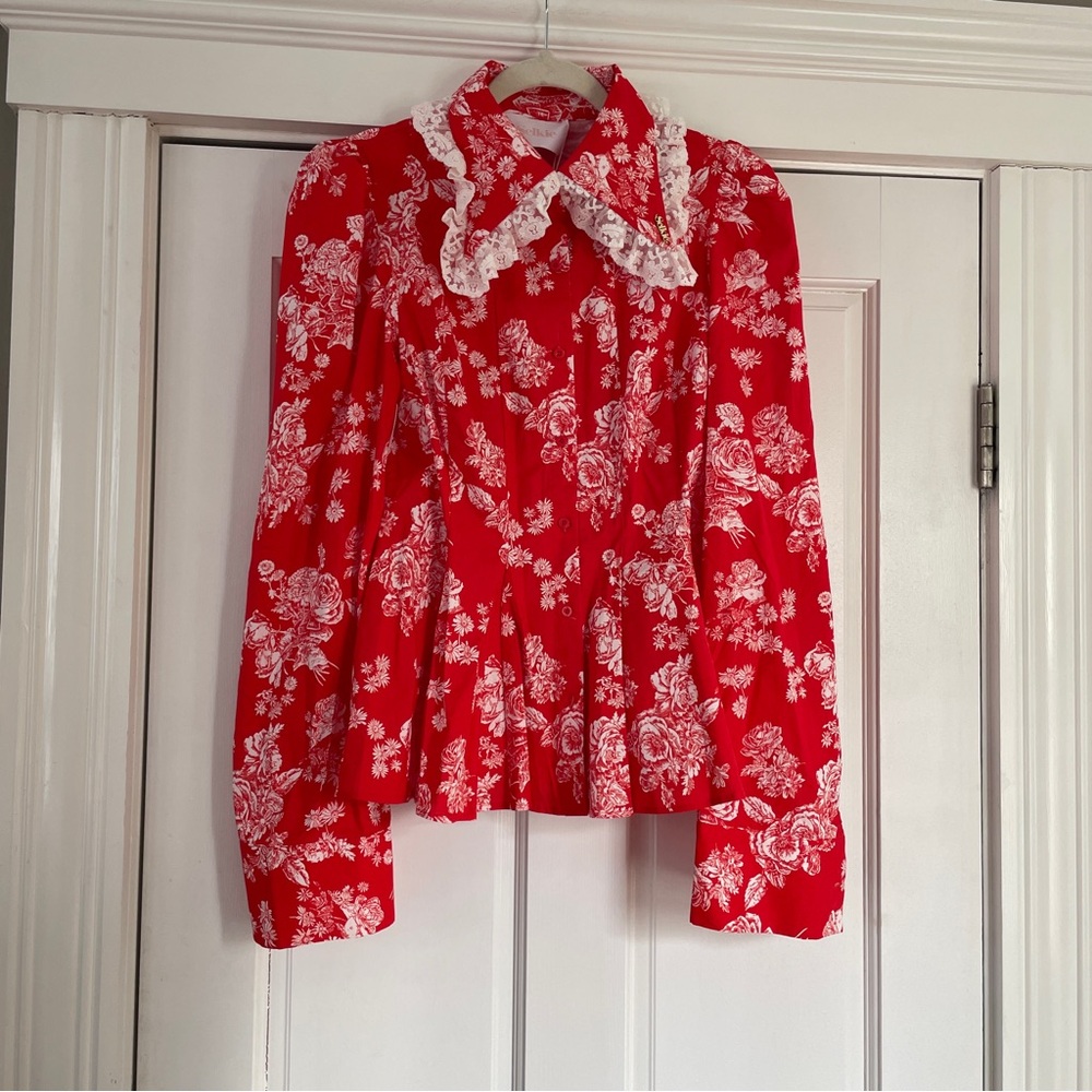 Selkie Red Floral Lace-Collar Blouse - Women Tops